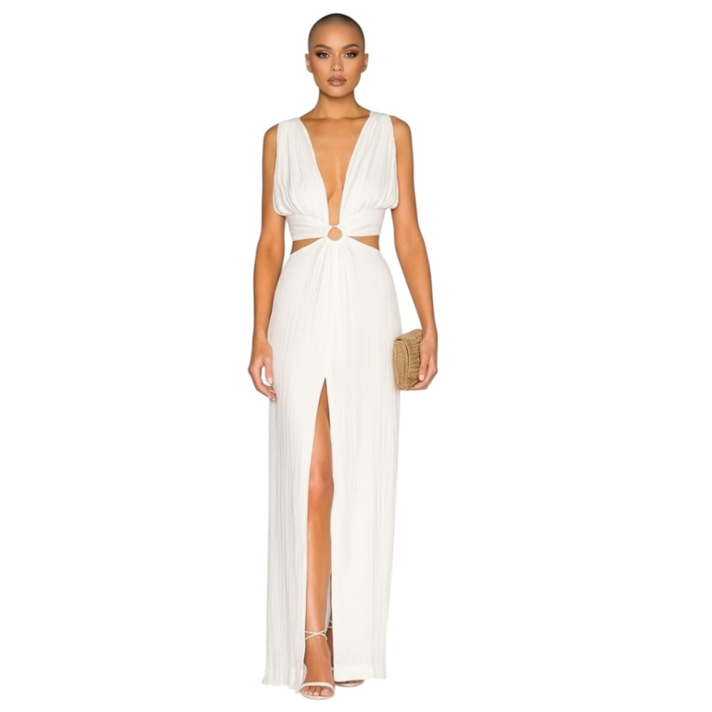 NWT $525 JBQ JUST BEE QUEEN White Grecian Cutout Slit Leg Maxi Sara Dress XS